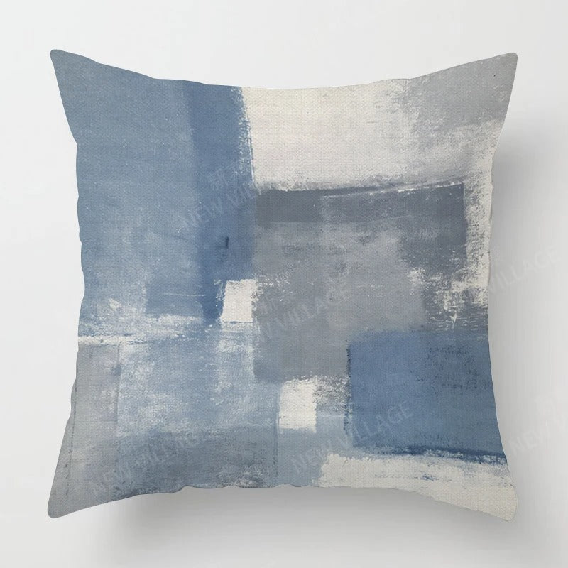 Housse de Coussin en Lin Tricolore – Bleu, Gris et Blanc