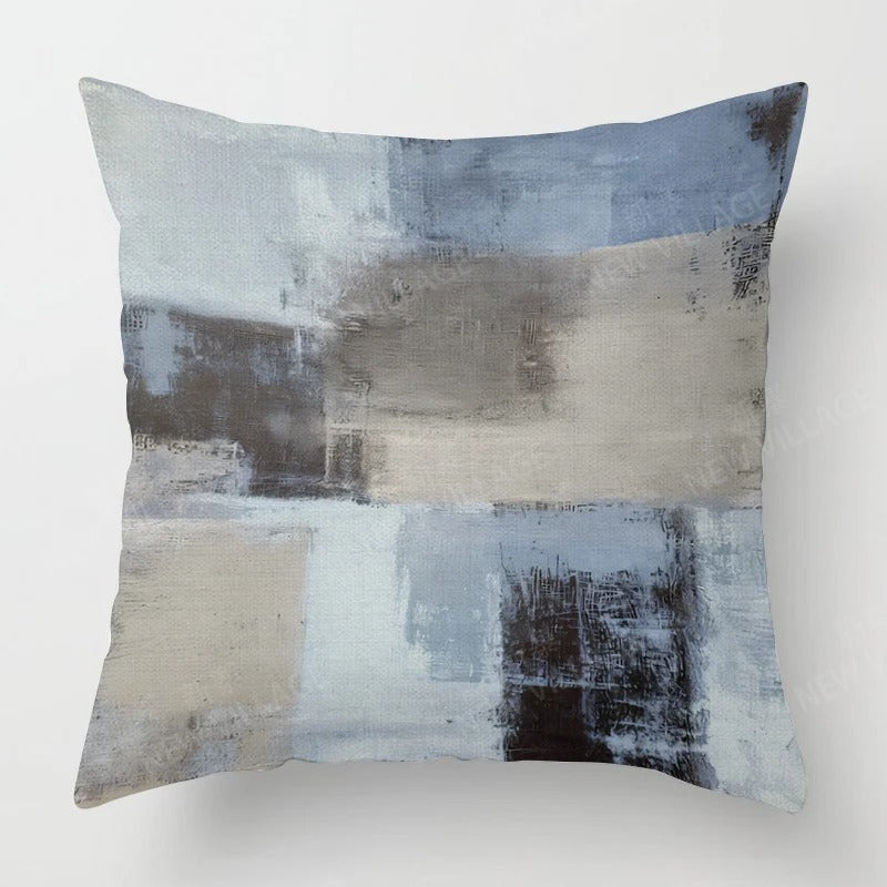 Housse de Coussin en Lin Tricolore – Bleu, Gris et Blanc