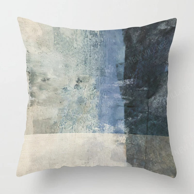 Housse de Coussin en Lin Tricolore – Bleu, Gris et Blanc