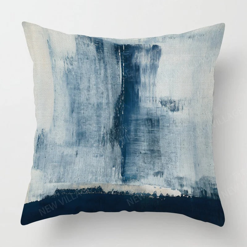 Housse de Coussin en Lin Tricolore – Bleu, Gris et Blanc