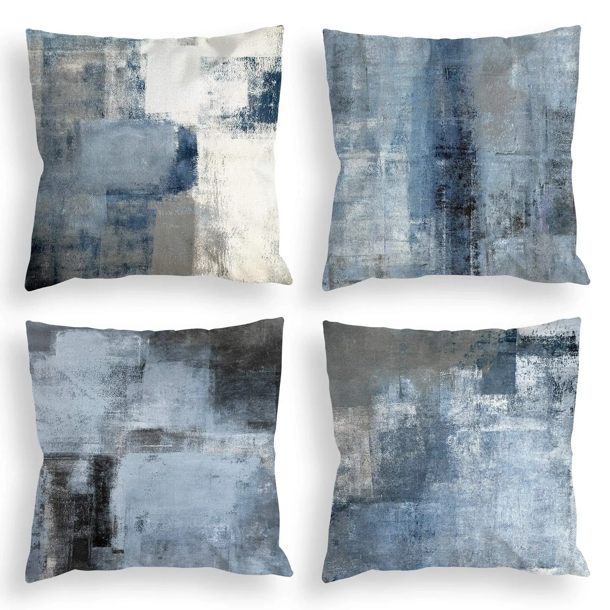 Housse de Coussin en Lin Tricolore – Bleu, Gris et Blanc