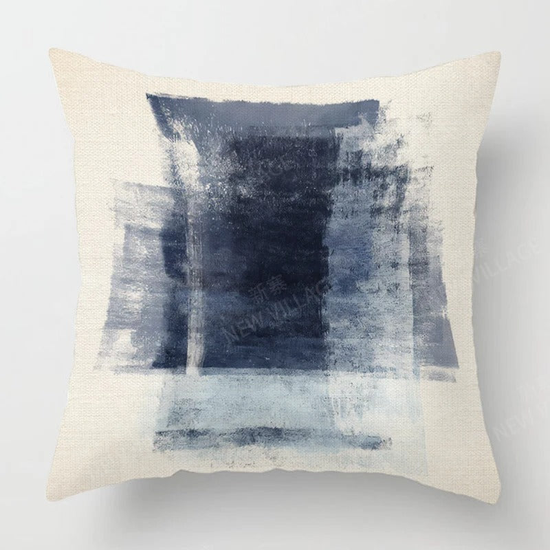 Housse de Coussin en Lin Tricolore – Bleu, Gris et Blanc