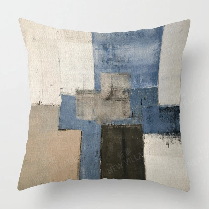 Housse de Coussin en Lin Tricolore – Bleu, Gris et Blanc