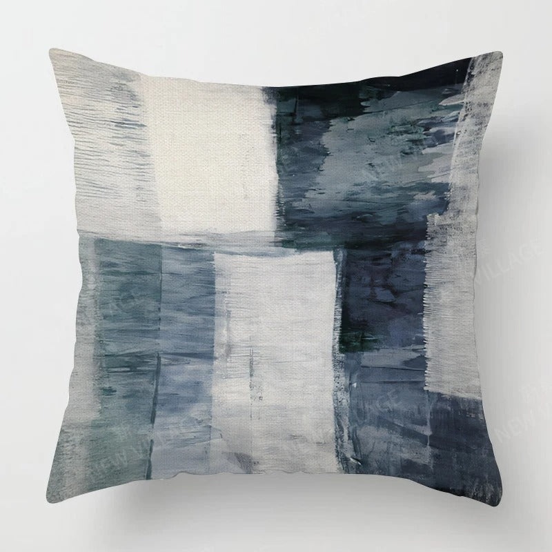 Housse de Coussin en Lin Tricolore – Bleu, Gris et Blanc