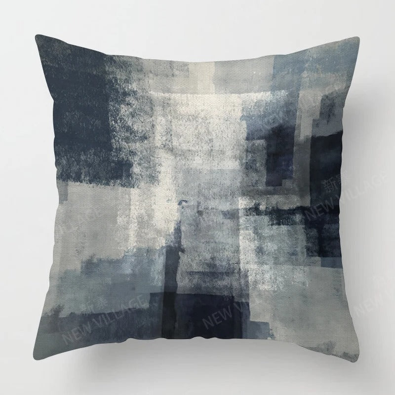 Housse de Coussin en Lin Tricolore – Bleu, Gris et Blanc