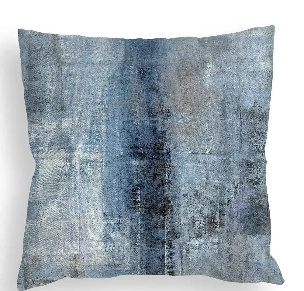 Housse de Coussin en Lin Tricolore – Bleu, Gris et Blanc