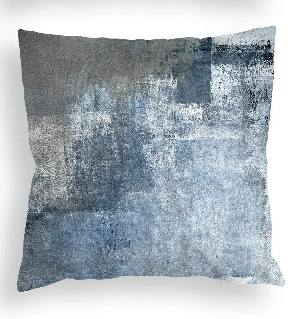 Housse de Coussin en Lin Tricolore – Bleu, Gris et Blanc