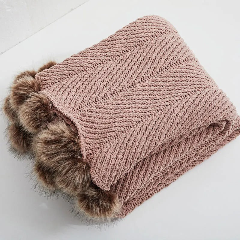 Chunky strikket Chenille-teppe med søte Pom Poms