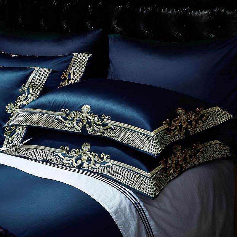 Midnight Blue Golden Jacquard Duvet Cover Set