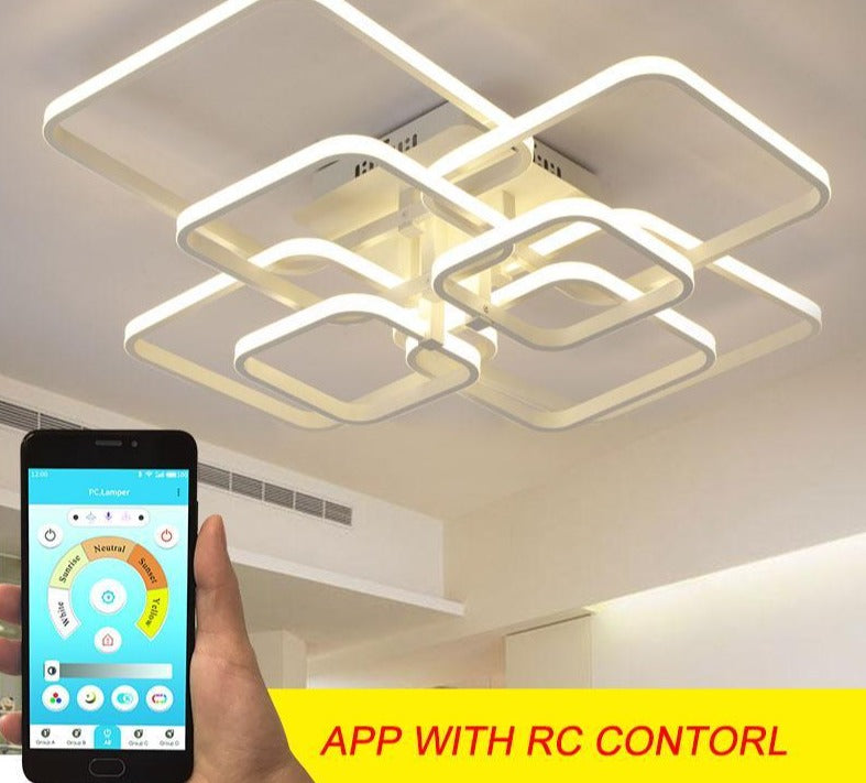 Iluminação Moderna de Lustre LED - Lustre Dimerizável Controlado por Aplicação e Controle Remoto para Casas Contemporâneas