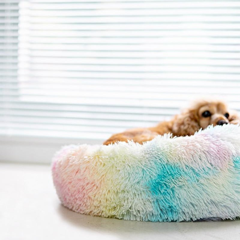 Round Rainbow Extra Plush Calming Donut Dog Beds