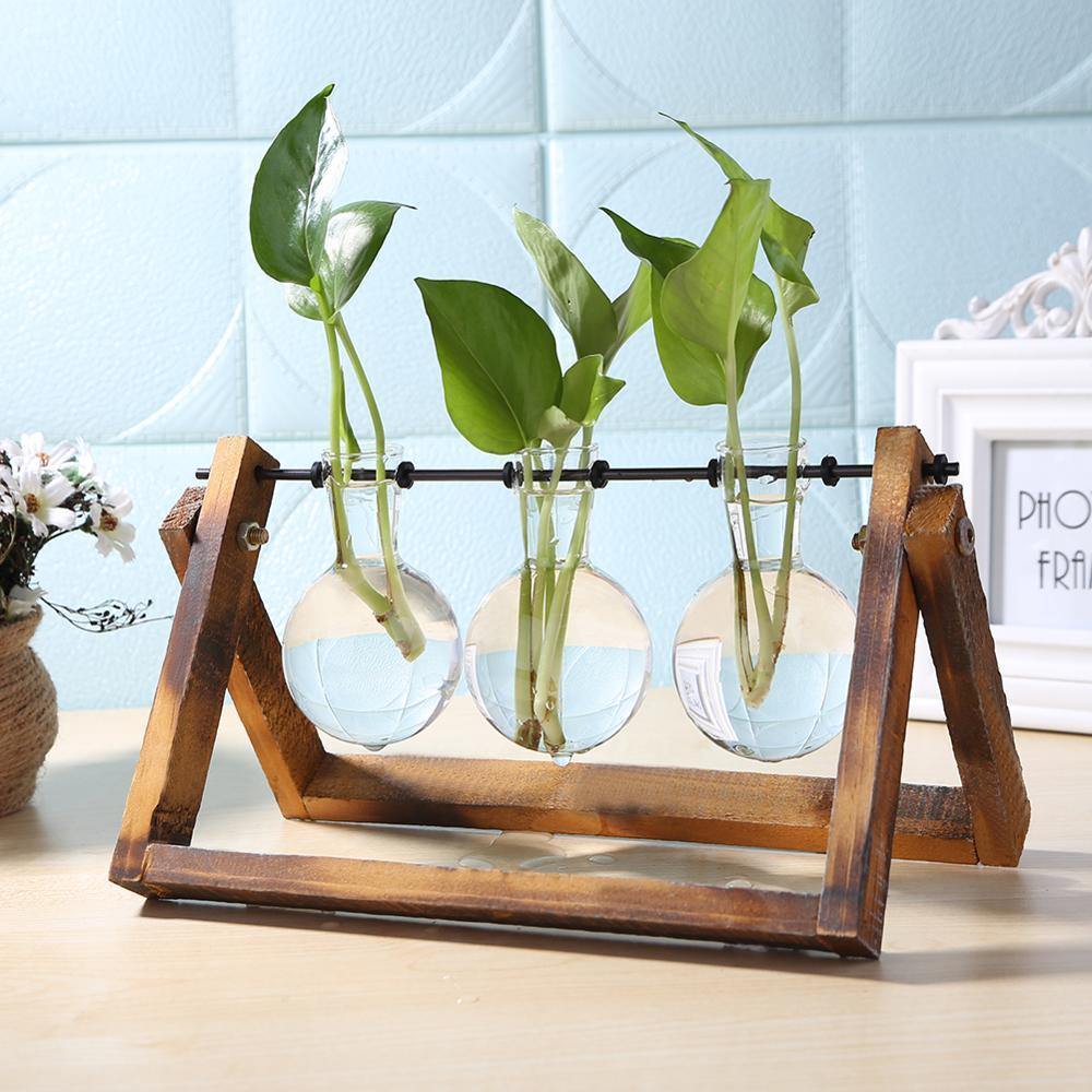 Vase de propagation en verre avec support en bois à cadre en A