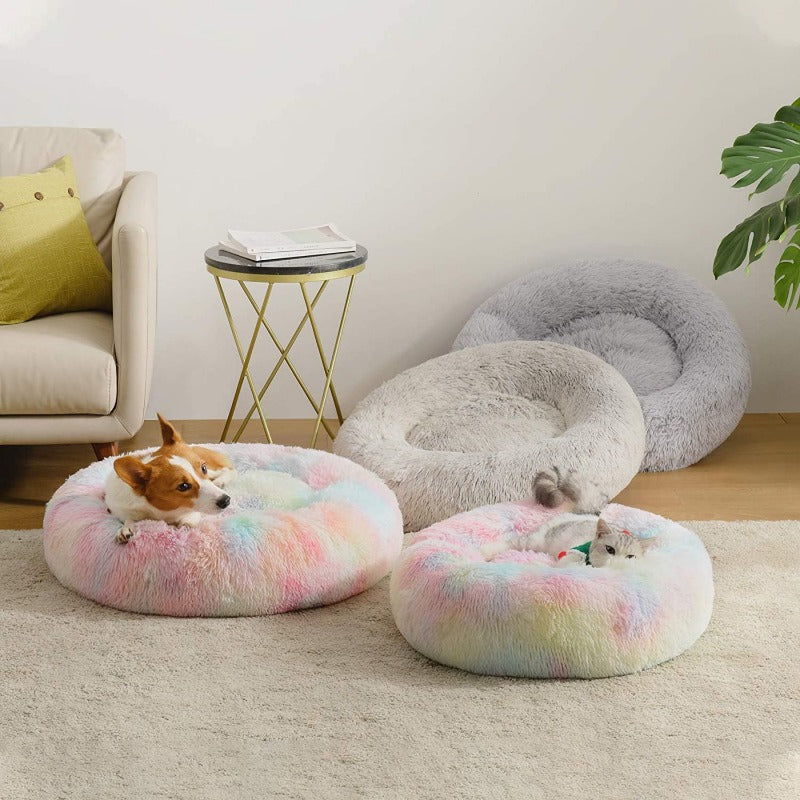 Round Rainbow Extra Plys beroligende Donut Dog Senge