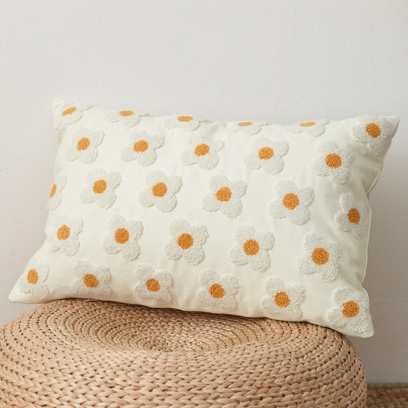 Daisy Embroidered Lumbar Pillow Cover