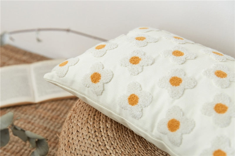 Daisy Embroidered Lumbar Pillow Cover