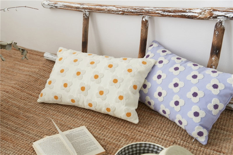 Daisy Embroidered Lumbar Pillow Cover