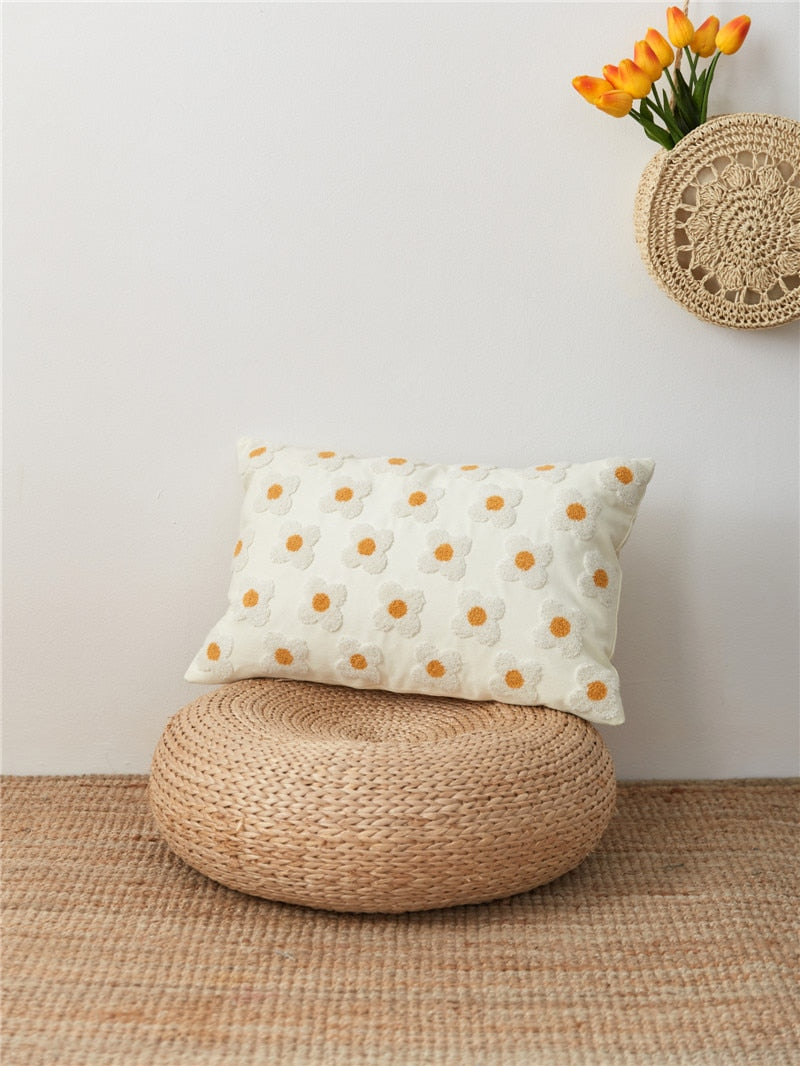 Daisy Embroidered Lumbar Pillow Cover