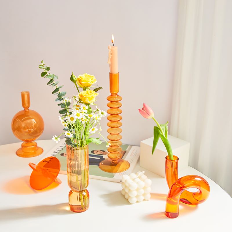 Orange Amber Glass Taper Candle Holder & Vases