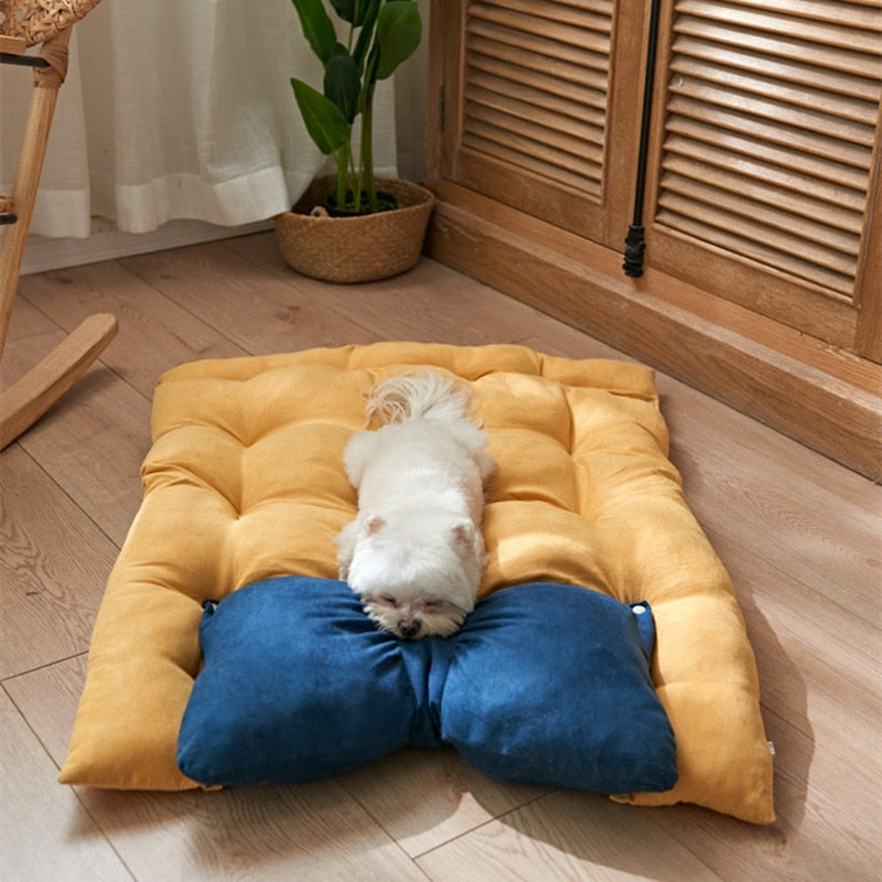 Matelas et nid de lit pour chien en peluche multifonctionnel avec nœud mignon