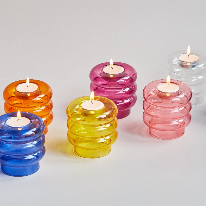 Candelabru din sticlă abstract cu lumânări conice și suporturi pentru lumânări tealight