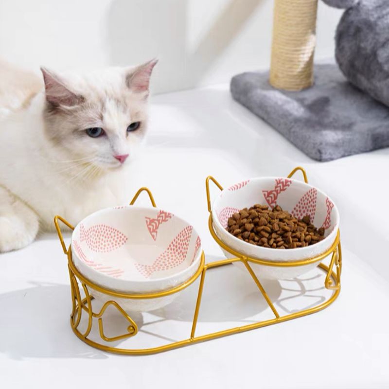 Adorable Tilted Ceramic Dual Cat Bowl with Stand