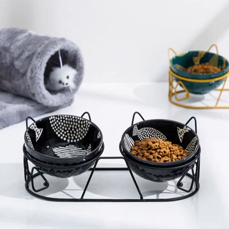 Bowl Duplo de Cerâmica Inclinado e Fofo para Gatos com Suporte