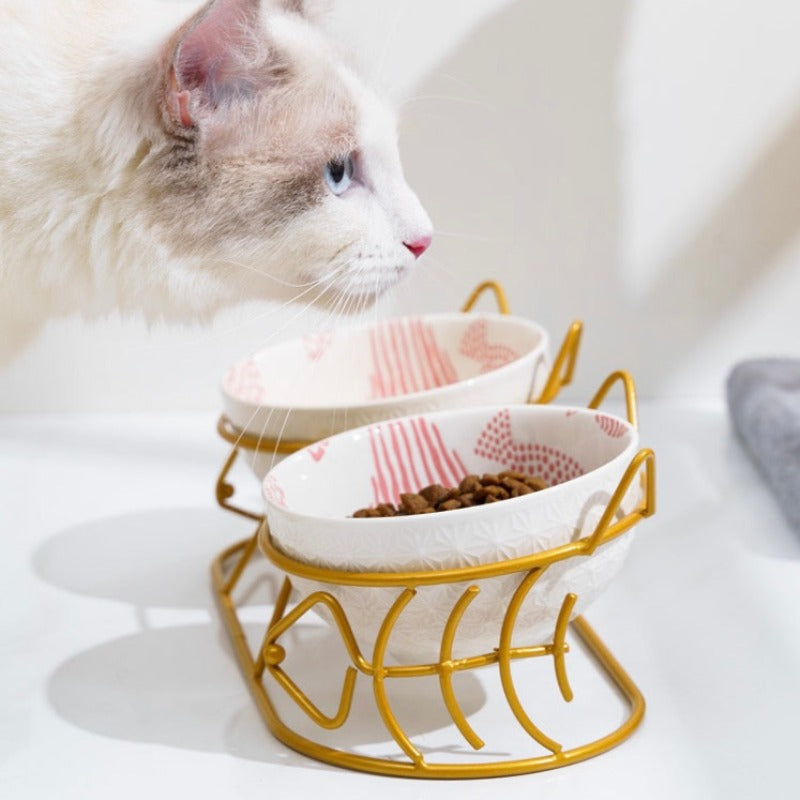 Adorable Tilted Ceramic Dual Cat Bowl with Stand