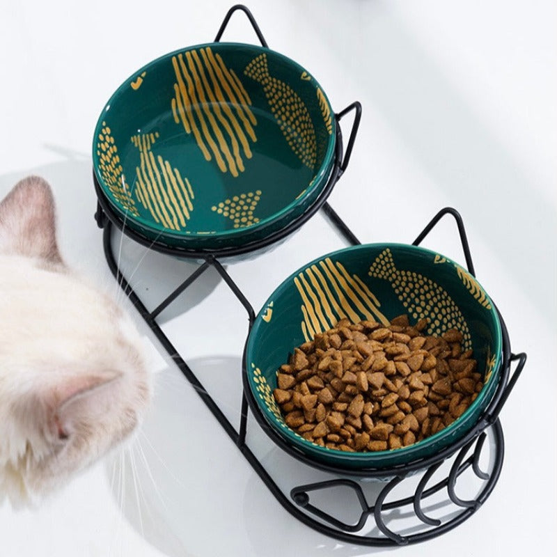 Cute Tilted Ceramic Dual Cat Bowl with Stand