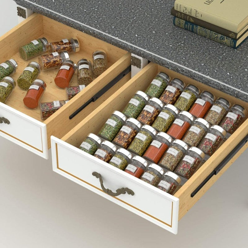 Organizador de cajones de especias acrílico de 1 a 4 niveles – Estante de especias acrílico expandible para almacenamiento de cocina