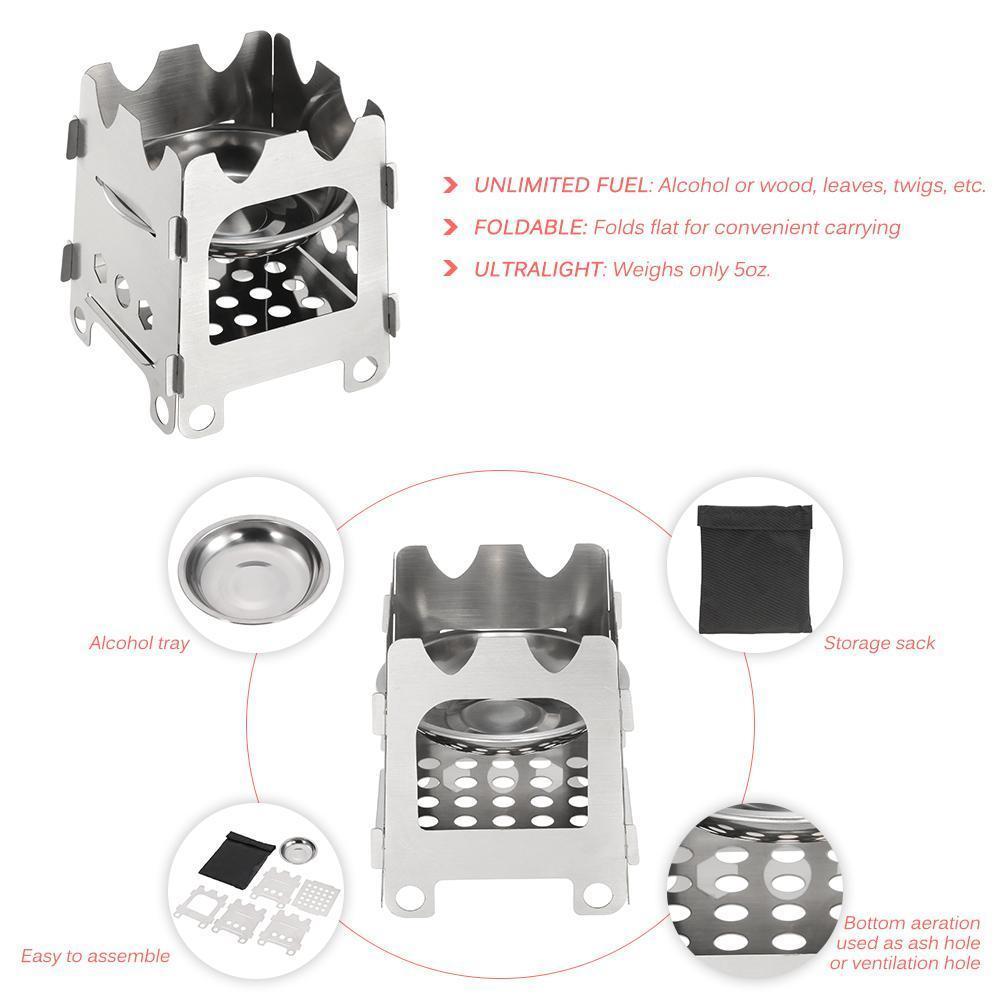 Poêle à fusée de poche pliant en bois, Camping avec plateau à alcool en acier inoxydable