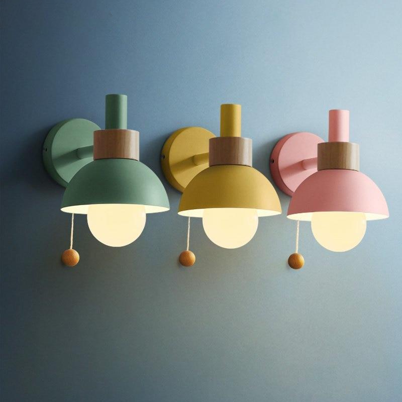 Colored Wood & Metal Globe Wall Sconce with Pull Cord