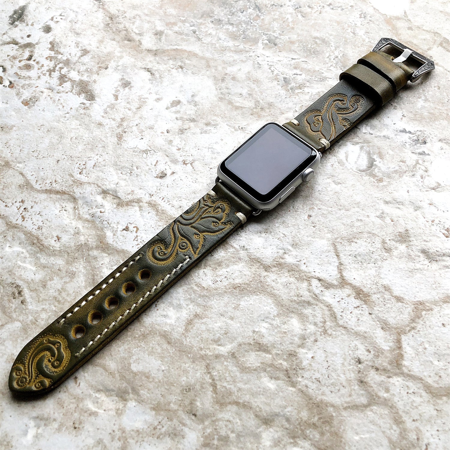 Hand-engraved embossed leather strap for apple watch