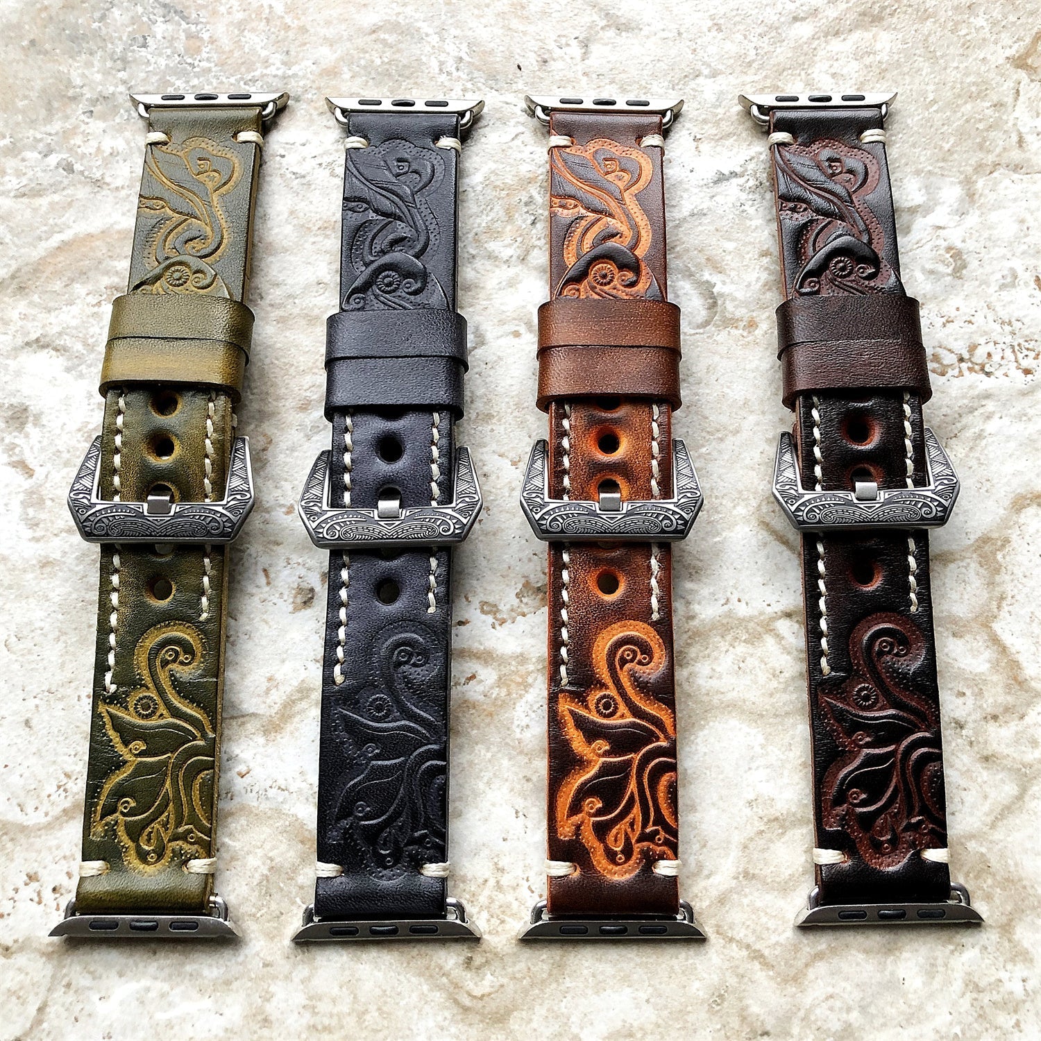 Hand-engraved embossed leather strap for apple watch