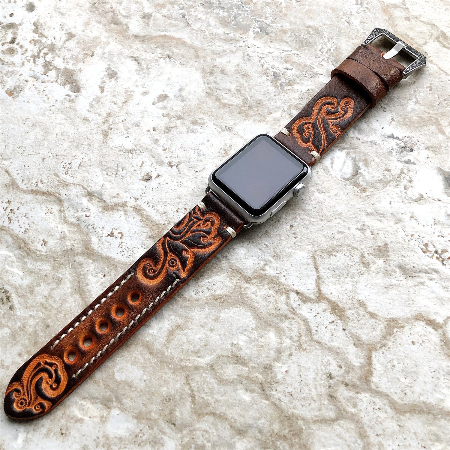 Hand-engraved embossed leather strap for apple watch