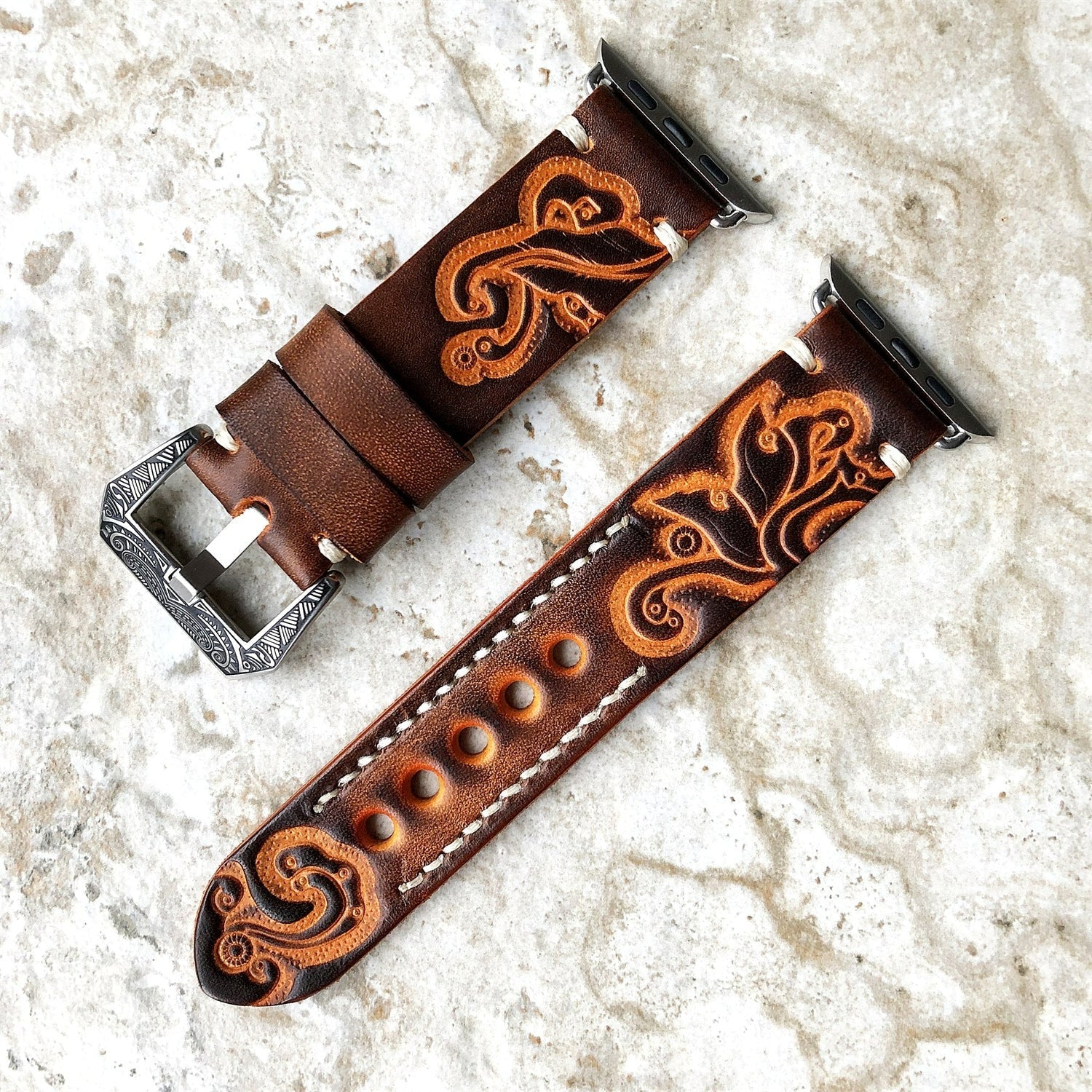 Hand-engraved embossed leather strap for apple watch