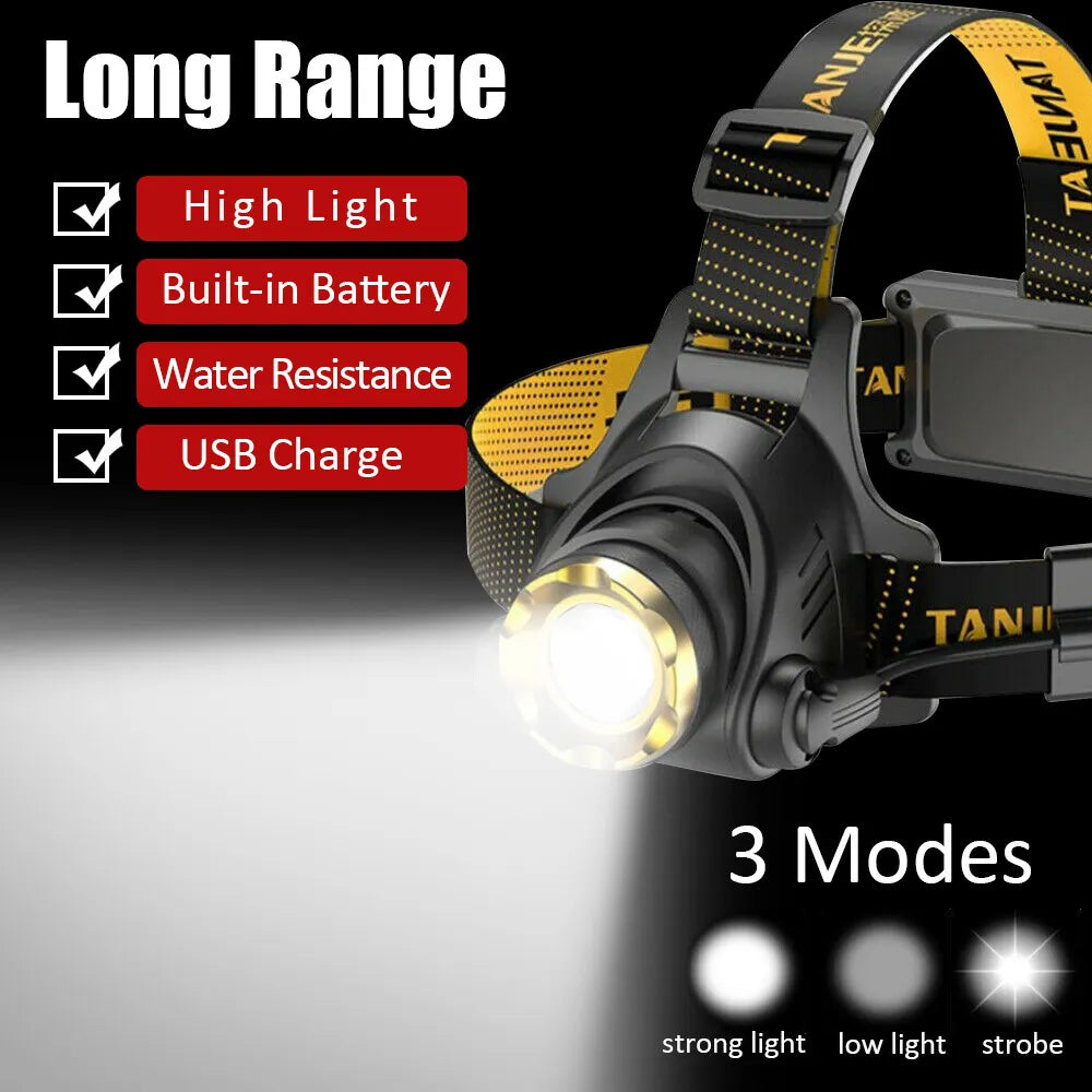 990000LM LED-Stirnlampe, wiederaufladbar, taktischer Scheinwerfer, Zoom-Stirnlampe