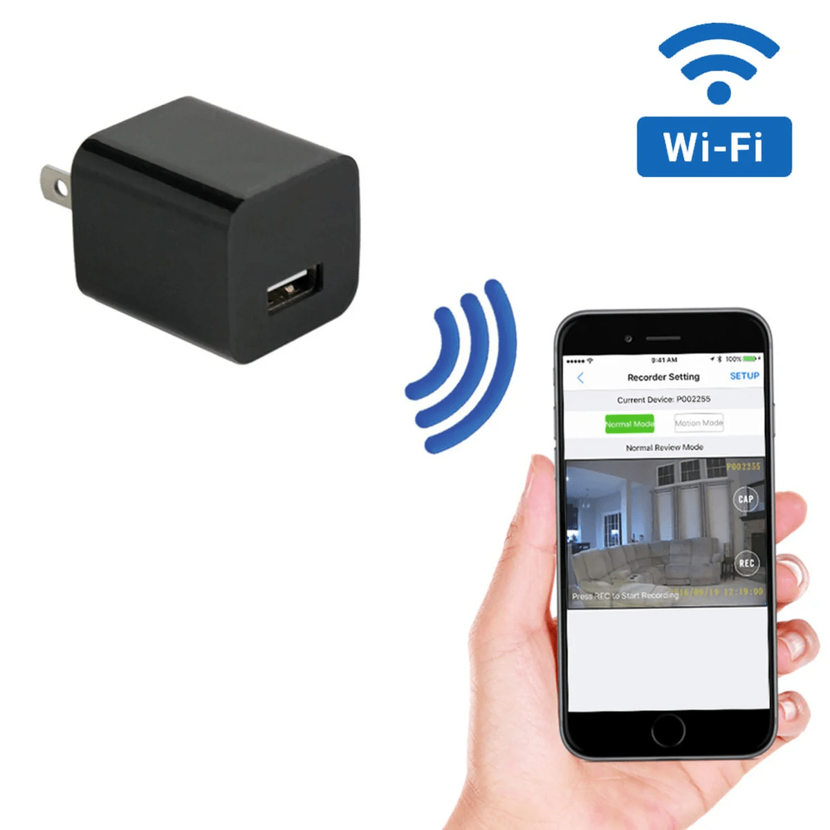 Câmara Oculta de Carregador de Parede USB com Gravação Activada por Movimento e Streaming WiFi HD 1080P