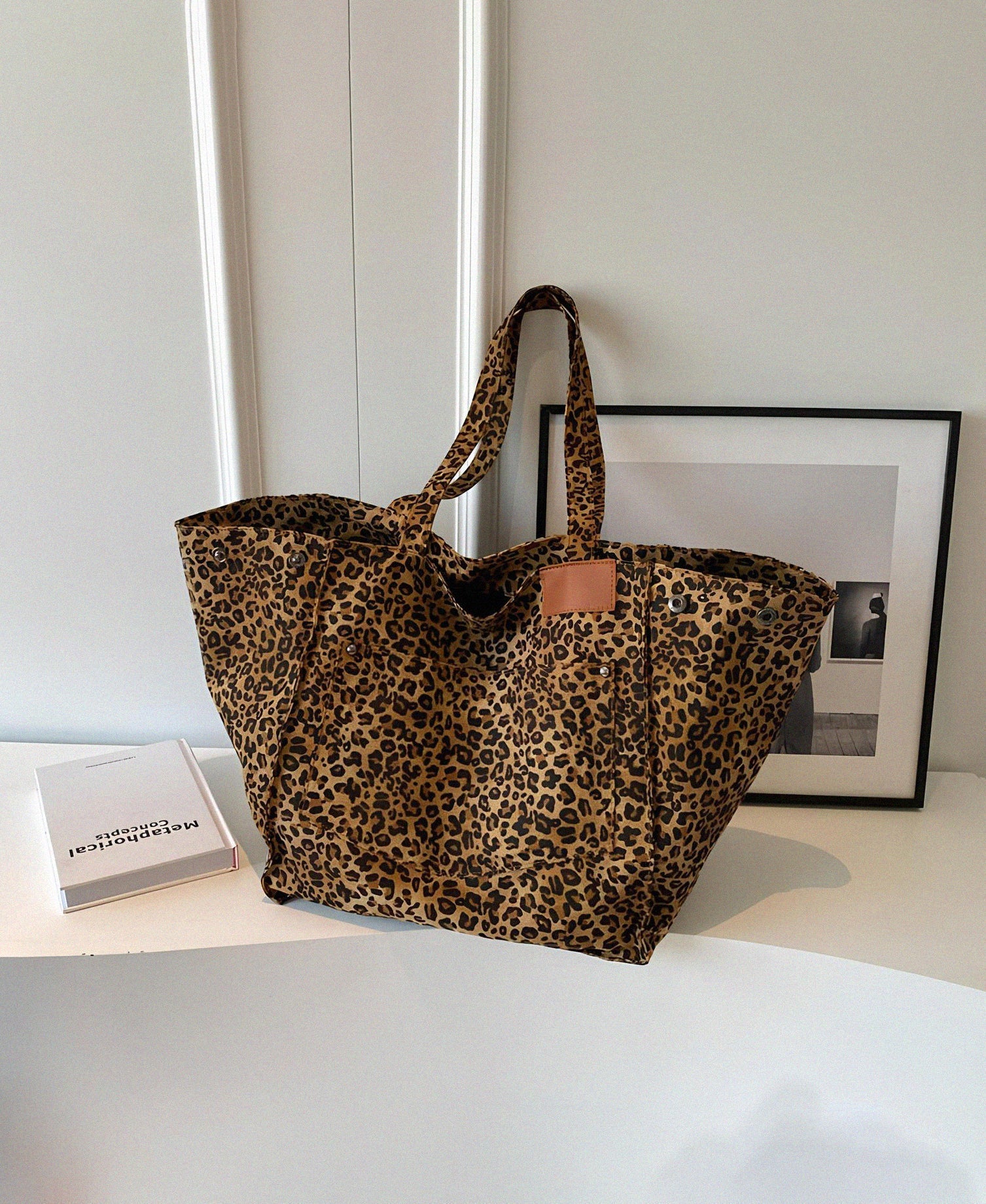 Saco Tote de Lona Grande com Padrão de Leopardo