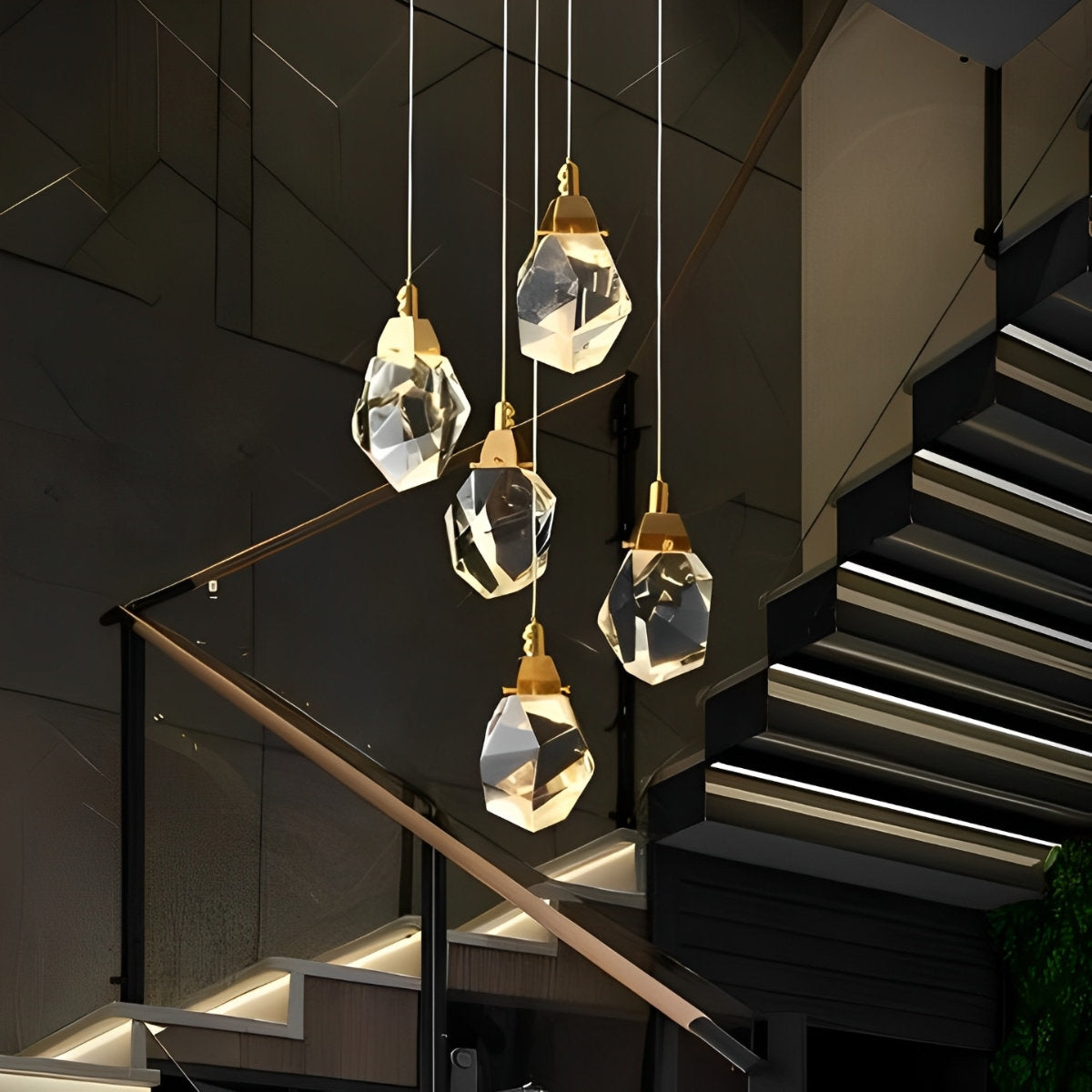 Spiral Crystal Droplets Metal Modern Duplex Staircase Pendant Chandelier