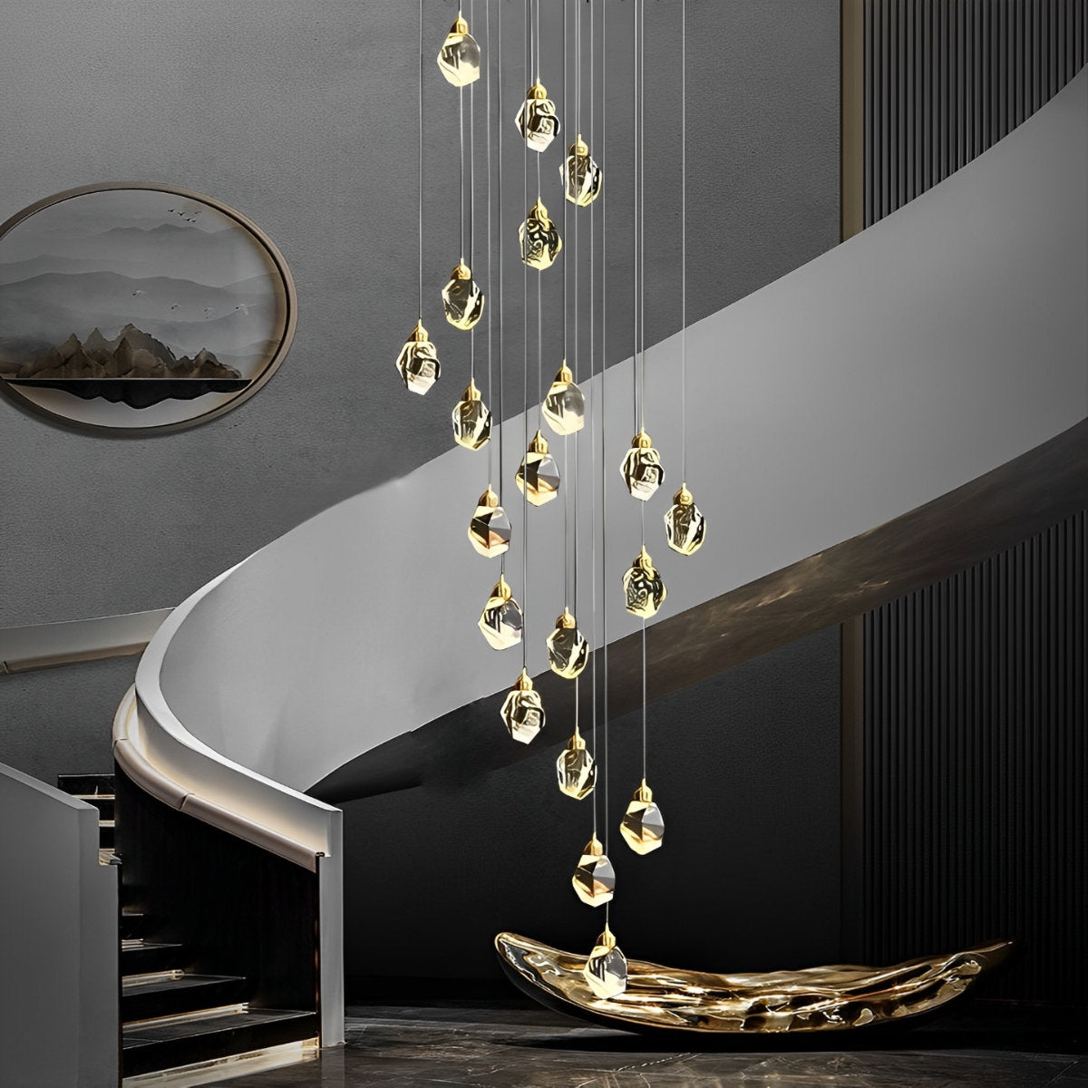 Lustre suspendu moderne en métal avec gouttelettes de cristal en spirale pour escalier duplex