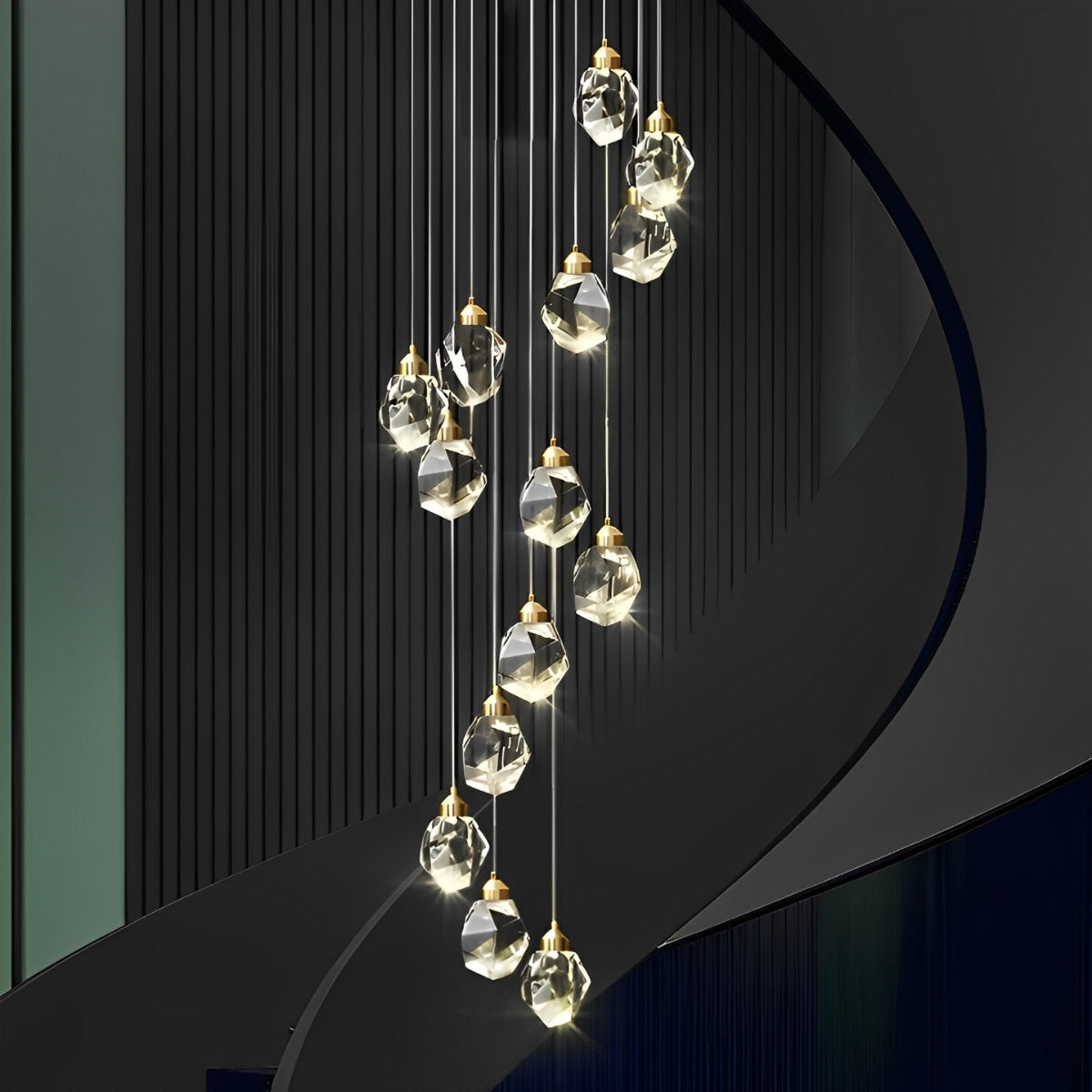 Lustre suspendu moderne en métal avec gouttelettes de cristal en spirale pour escalier duplex