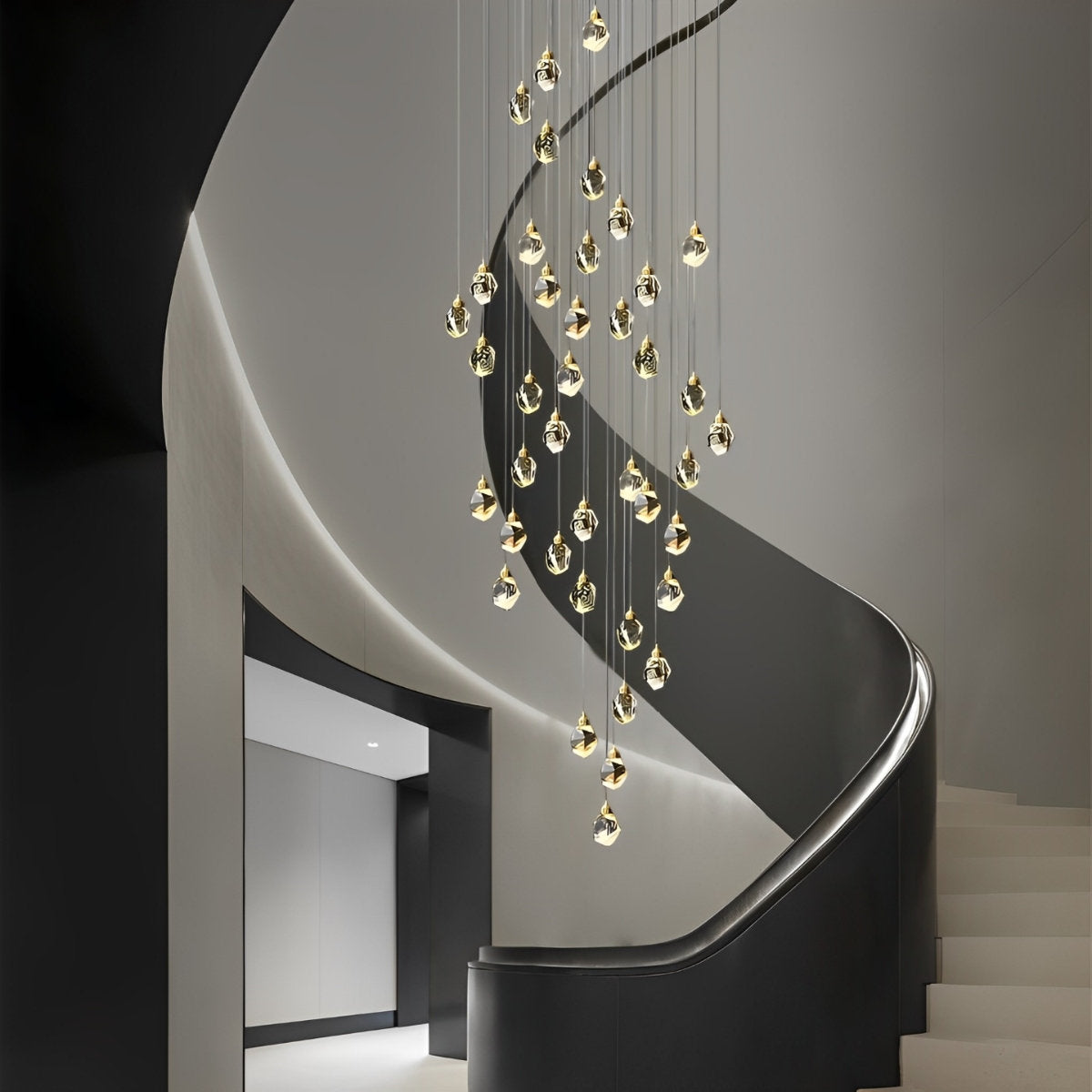 Lustre suspendu moderne en métal avec gouttelettes de cristal en spirale pour escalier duplex