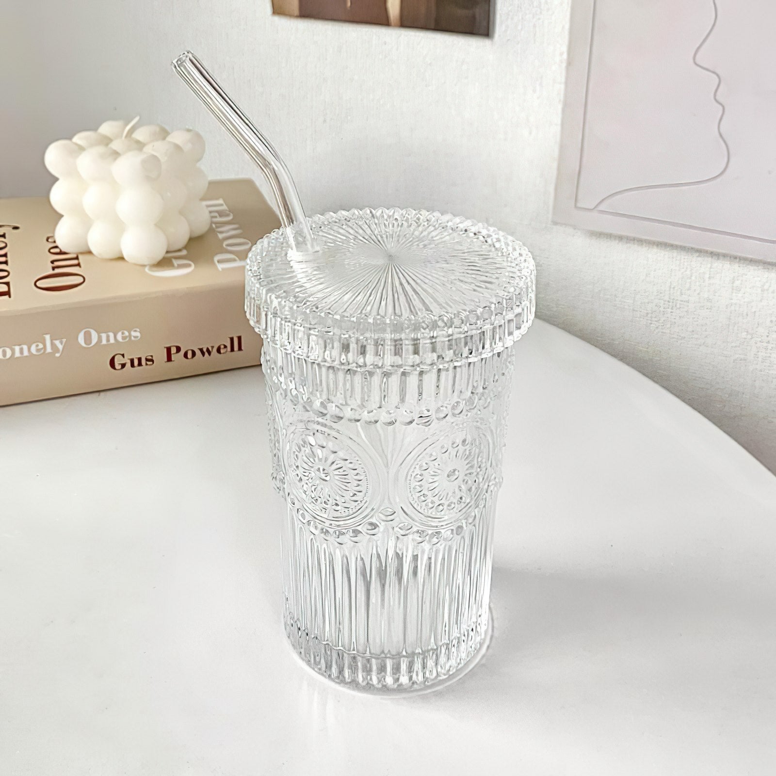 Sunflower Ridged Glass Cup med strå