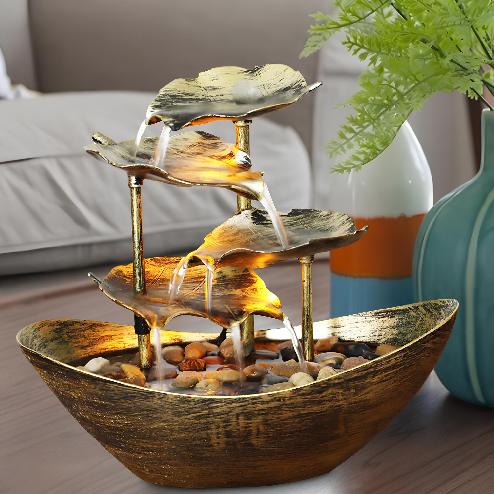 Water Over Sailing Lotus Leaf Tabletop Fountain Waterfall