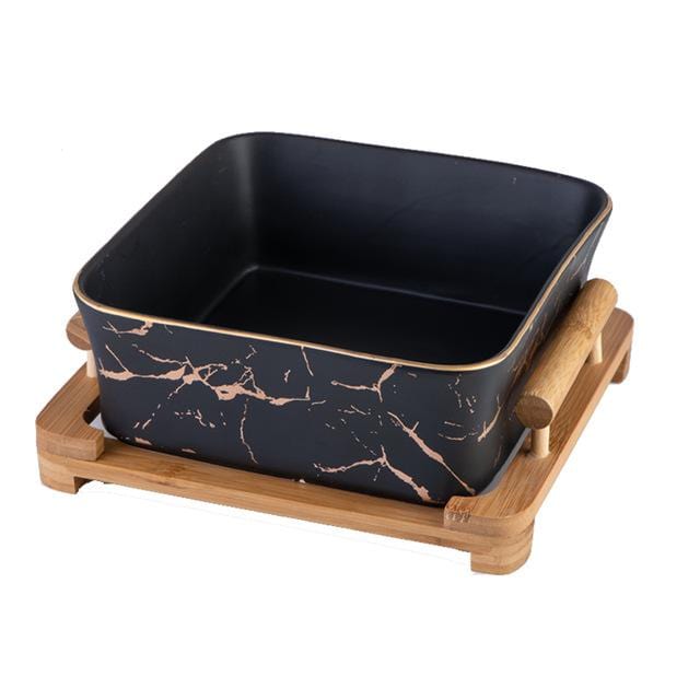 European Serving Bowl with Wooden Base (Black)