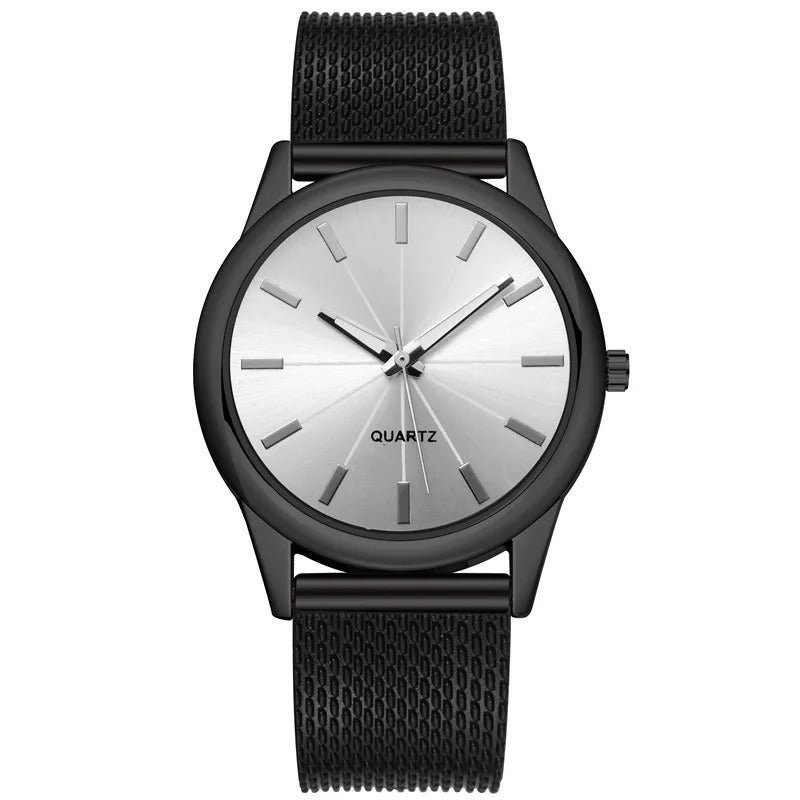 Reloj minimalista totalmente negro para hombre y mujer, caja negra con correa de malla de acero inoxidable